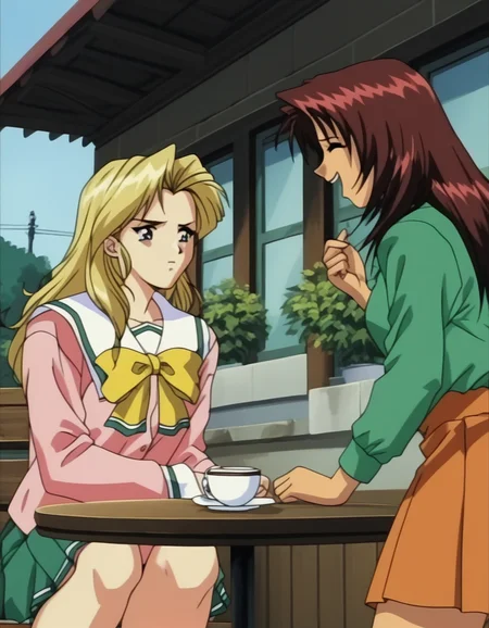 score_9, score_8_up, score_7_up, <lora:shuusaku-ova-ponyxl-000006:1> 2girls, talking, table, cafe, outdoors, cowboy shot
2girls, talking, table, cafe, outdoors, kaori, blonde hair, serafuku, pink shirt, yellow bow, pleated skirt, annoyed, cowboy shot
2girls, talking, table, cafe, outdoors, moeko, green shirt, dress shirt, orange skirt, microskirt, closed eyes, laughing, cowboy shot