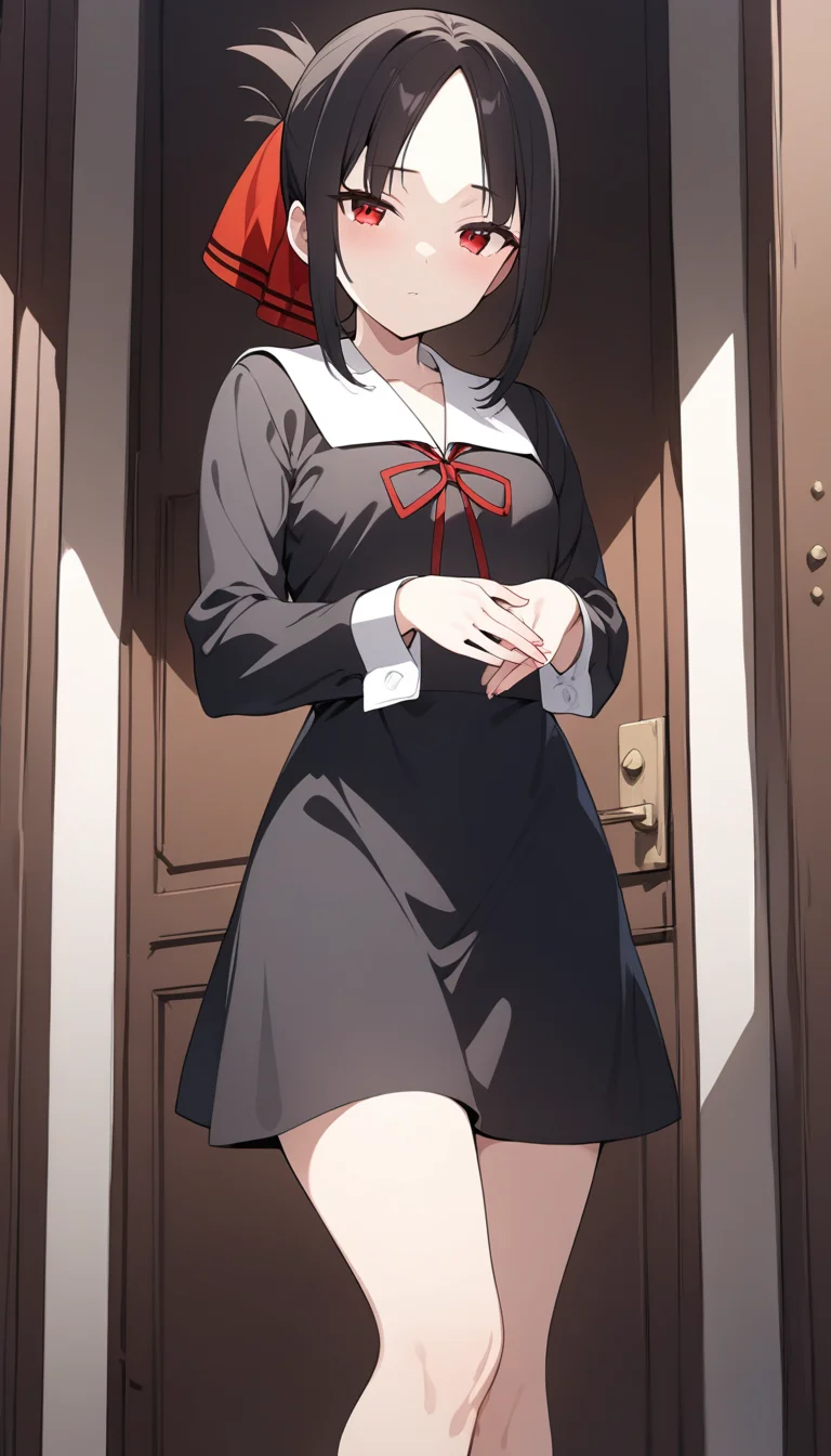 masterpiece, best quality, 1girl, kaguya, <lora:kaguyaSDXL:0.8>, school uniform, black dress, black skirt, red ribbon, long sleeve, looking at viewer, cowboy shot, standing, full body, parted bangs, upper body