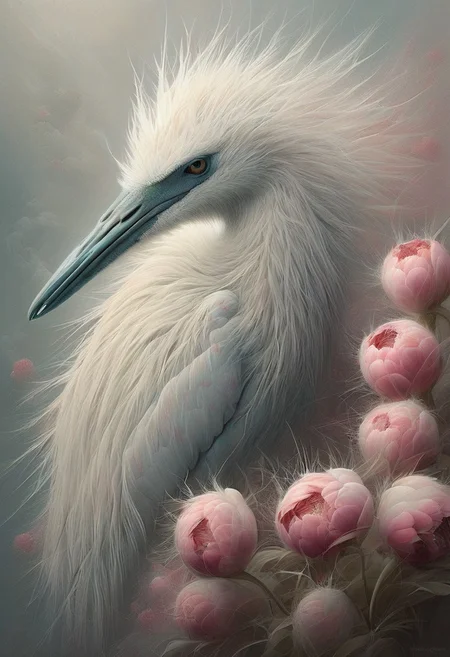 Lee Bogle's style + Endre Penovac, soft very fluffy painting, lush silver heron fluffy pink red blue, up pink peonies,river, pale gray, cream tones, delicate pastel palette, dynamics, close-up,blurriness,Sfumato light grin