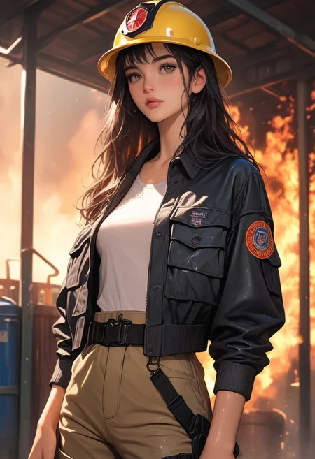 masterpiece,best quality, highly detailed, score_9, score_8_up, score_7_up, score_6_up, source_cartoon, medium shot, 1 girl, fit, beautiful, long wet hair, black hair, detailed face, light brown eyes, Fire station garage, navy fire-resistant jacket, heavy-duty cargo pants, utility belt & firefighter helmet