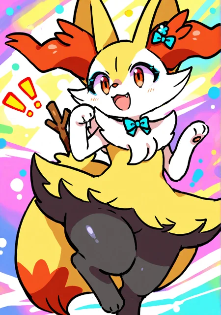 trpbb, eyeliner, tareme, thick eyelashes, solo, furry female, braixen, paws, body fur, hair accessory, bow accessory, :3, :d, abstract background, colorful exclamation point,
masterpiece, best quality, amazing quality