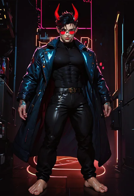 ((score_9, score_8_up, score_7_up,score_9, score_8_up, score_7_up)), (Masculine, Light/tan skin, Toned and 6'5 feet tall:1.4), 24 years old, Handsome face, somber face, perfect face, (((Black hair with neon red highlights))), ((Glowing neon Gold irises)), (Neon Red pupils), (White Sclera), shiny skin, Curley short haircut, ((2 spiral red horns)), (((Demon))), (Large muscle build), gages in ears, Neon tattoos on arms, wild hair, toned hips, ((fit look, large intelligent glasses)), ((Long Blue leather coat, dragon scale coat, black vest, black shirt, black pants)), shiny skin, living room , warm lighting, (no nsfw), lavish kitchen room, fridge, drinking energy drink