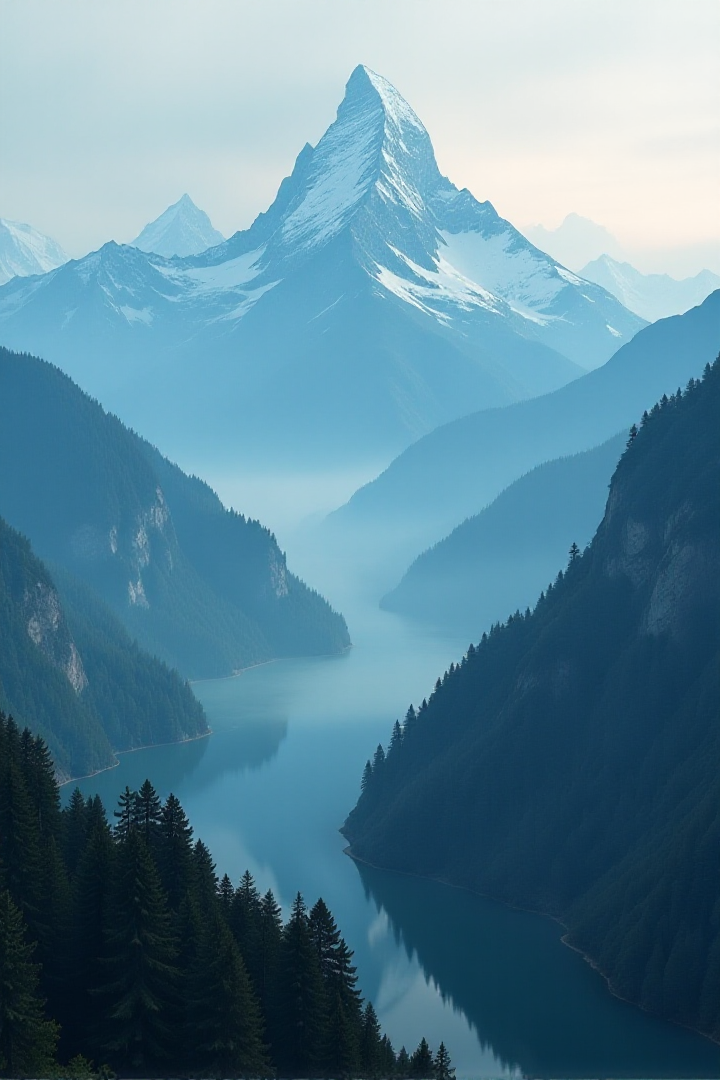 their peaks veiled in mist. great lighting, A surreal landscape highly detailed . extremely high-resolution details, appears trapped in an optical illusion of reflections and refractions colorful , professional photography, natural lighting, volumetric lighting maximalist. intricately detailed, complex, elegant, expansive, fantastical, film photography style, in the distance layers of mountains strech to the horizon in shades of blue, mysterious fog envelops the landscape, adding depth and atmosphere to the composition, ultra-detailed, hyper-detailed, ambient lighting, (masterpiece), (Amazing quality), (phenomenal aesthetic), cinematic moment, 8K<lora:FLUX_Ghibsky_Illustrations.safetensors:0.8:1.0>âââ