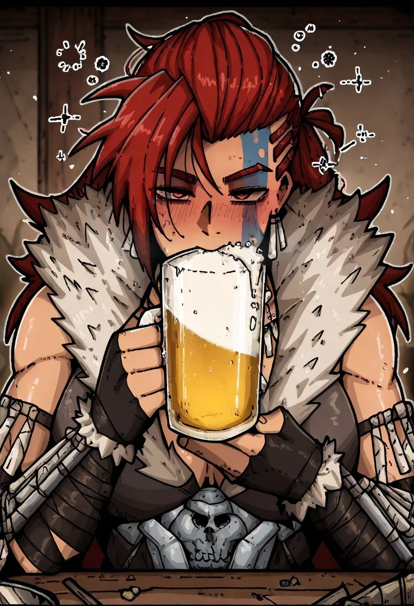 masterpiece, best quality, newest, absurdres, highres, mark_gavatino, mark gavatino style,
1girl, solo, solo focus, HellionDD-Il.V1.0, jewelry, necklace, red hair, armor, leather armor, fur coat, red hair, tribal, clevage, drunk, drinking, drinking mug, mug, beer, alcohol,