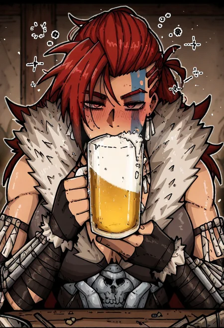 masterpiece, best quality, newest, absurdres, highres, mark_gavatino, mark gavatino style,
1girl, solo, solo focus, HellionDD-Il.V1.0, jewelry, necklace, red hair, armor, leather armor, fur coat, red hair, tribal, clevage, drunk, drinking, drinking mug, mug, beer, alcohol,