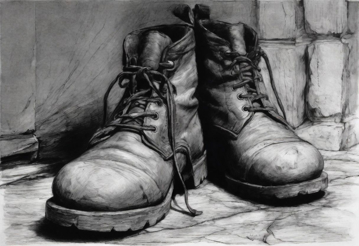 Create pencil, very sketch, charcoal type of close up of pair of old boots, left and right, worn side by side, perspective from wearers view point, looking down feet inside, Woolly socks, on shins, stood on top of old stone step, black and white, view from above, looking down at boots on feet