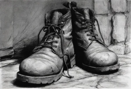 Create pencil, very sketch, charcoal type of close up of pair of old boots, left and right, worn side by side, perspective from wearers view point, looking down feet inside, Woolly socks, on shins, stood on top of old stone step, black and white, view from above, looking down at boots on feet