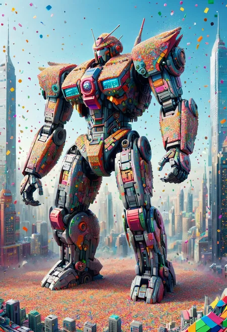 conf3tti, made of confetti, giant mecha, cityscape, sci-fi, vibrant colors <lora:Confetti_World_Morph:1>
