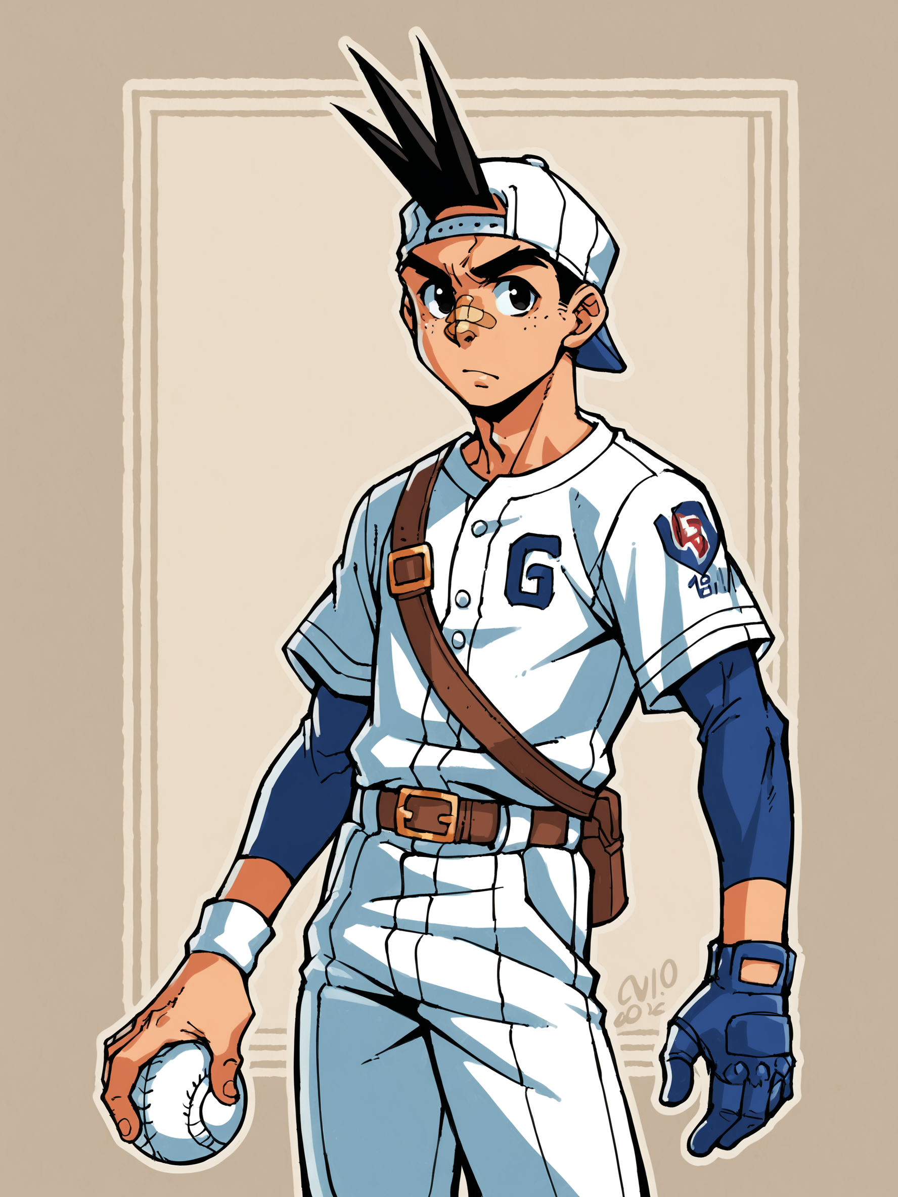 score_9, score_8up, score_7up, score_6up, score_5up, score_4up, BREAK
abstract background, BREAK
solo, young male, boy, sh0m4, black hair, backwards cap, black eyes, bandaid on nose, BREAK
baseball uniform, baseball pants, source_cartoon, rating_safe, BREAK
<lora:Shoma_Sawamura_-_Rival_Schools_-_PDXL:1>