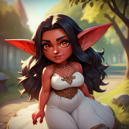 (((beautiful, high quality))), upper body, score_9, score_8_up, score_7_up, solo,
Goblin, shortstack, pointed ears, 1girl, black long hair, red eyes, red skin, fantasy white dress,
outdoor, fantasy background, nature, blurred background,