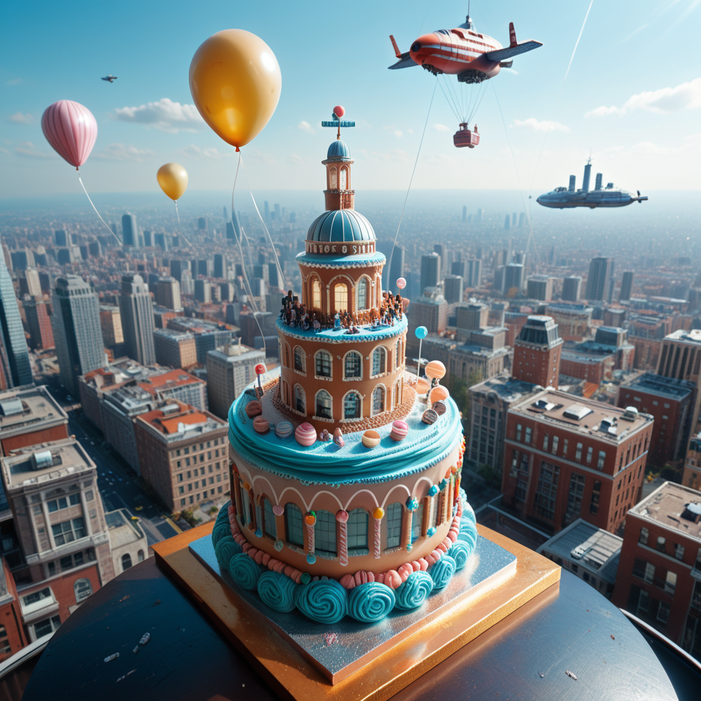 lazyup, zeppelin, vxc4k3, airship balloon of layered sponge cake, floating above a city of gingerbread skyscrapers, licorice ropes, gumdrop navigation lights. <lora:vx_cake_pony:1.1000000000000003> <lora:TrendCraft_The_Peoples_Style_Detailer-v2.0A-3_13_2025-PonyXL:0.4000000000000001>