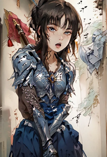 ((score_9), score_8_up, score_7_up), score_6_up, masterpiece, hands, Expressiveh, perfection, detailed, perfect, sexy pose, open mouth, 1girl, tomie kawakami, solo, ( female japanese warrior)), (small arms)), ((barely covered)), (skimpy armour)), trembling, (holding large axe), ((looking around)), (((slim waist))),(fantasy_tavern_background)
