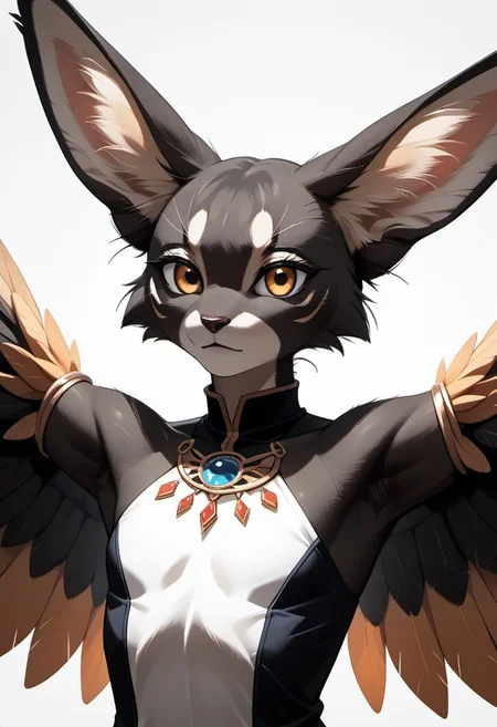 1person, Palagiri, anthro, feline features, feline nose, large ears, ((wing arms)), no hands
3/4 view, perfect face, perfect wings,
upper body focus,
Source: anime, score: 9, score: 8up,
