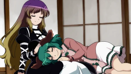 masterpiece,best quality,<lora:tgm-noob05:1>,anime coloring,
multiple girls,kasodani kyouko,2girls,hijiri byakuren,animal ears,closed eyes,dress,gradient hair,multicolored hair,smile,purple hair,green hair,long hair,dog ears,long sleeves,blush,brown hair,lap pillow,headpat,closed mouth,hand on another's head,black dress,cross-laced clothes,short hair,pink dress,blonde hair,sitting,puffy sleeves,bangs,layered dress,lying,juliet sleeves,frills,white dress,