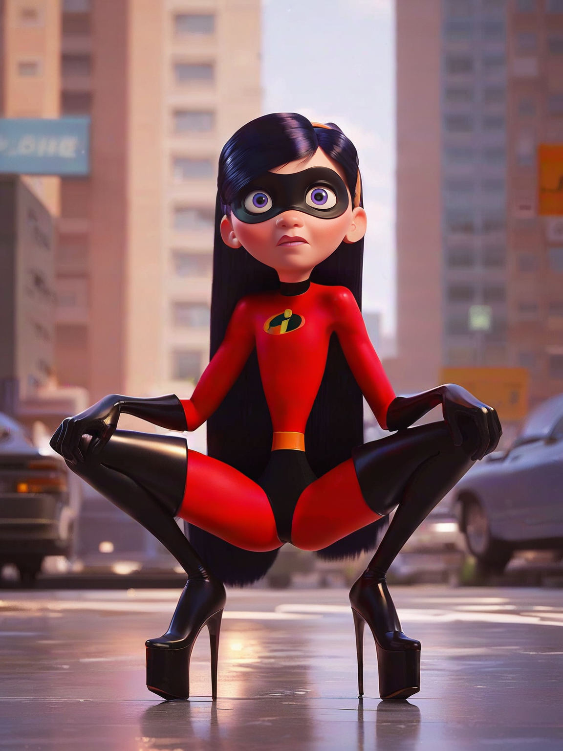<lora:Violet Parr:0.8> vio_p, 1girl, slender body, fair skin, pink lips, bluish-purple eyes, long straight hair, black hair, supersuit, black eye mask, orange headband, red unitard,  insignia on chest, orange belt, black gloves, black bottoms, thigh-high black boots, difficult background,
looking at viewer, squatting, front view, spreading legs, platform high heels, score_9, score_8_up, score_7_up,