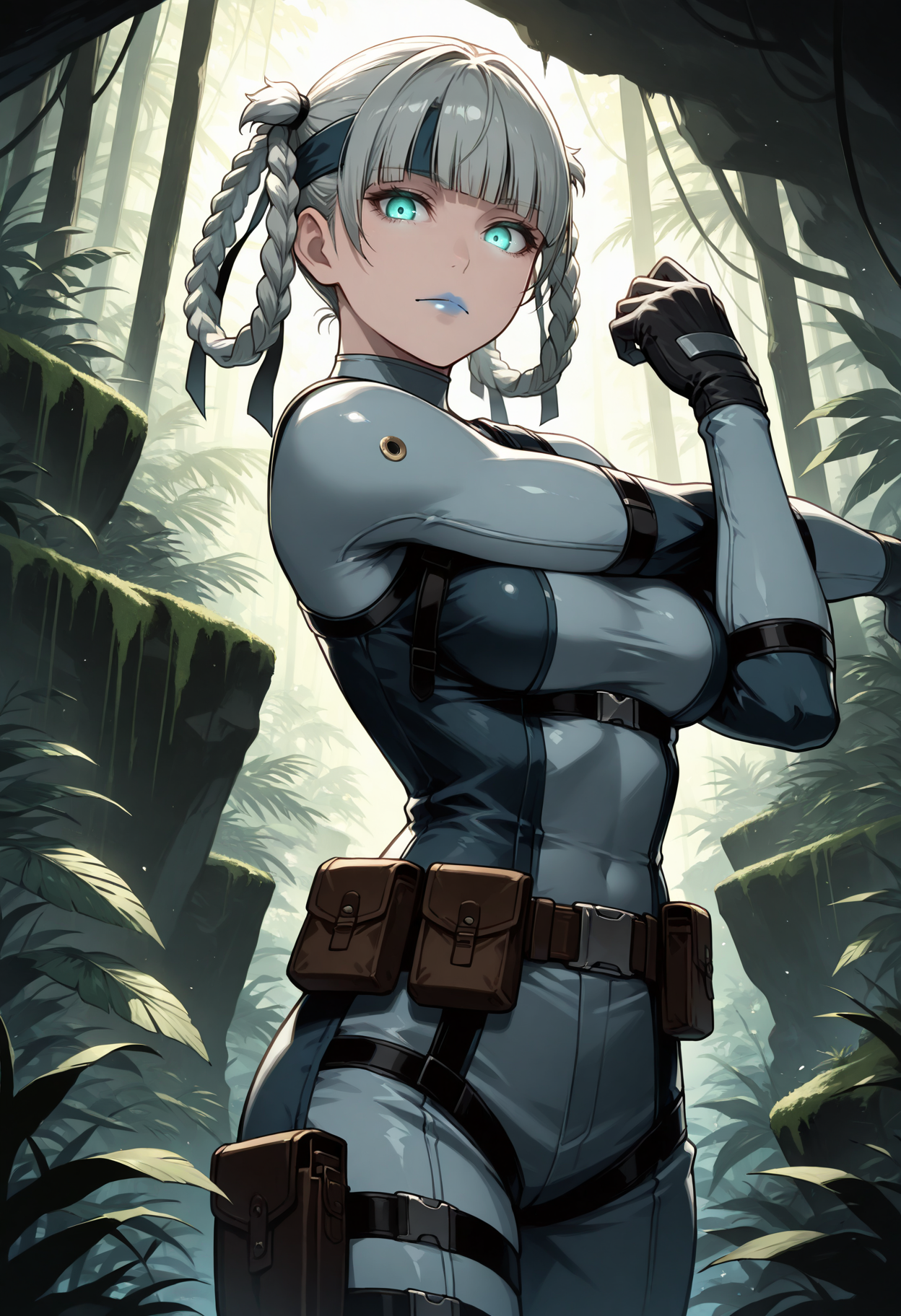 masterpiece, best quality, 1girl, solo, braided hair rings, grey hair, short hair, blunt bangs, blue lips, hair ribbon, black ribbon, dark blue headband, grey bodysuit, harness, solidsnk, jungle, outdoors, rainforest, nature, dark theme, stretching, cross-body stretch, glowing eyes, aqua eyes, belt pouch, black gloves, moss, dim lighting, dark background, backlighting, looking at viewer, closed mouth