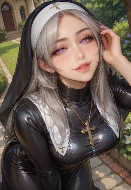 safe_pos, score_9, score_8_up, score_7_up, source_anime, NSFW, (((1girl, solo, female focus))), (best quality, high quality), (((gray hair, long hair, (long sidelocks:1.3), hair between eyes))), sultry expression, (mature face, milf, 40 years old), (pale skin tone), (petite body, large breasts), (purple eyes, gradient eyes, glowing eyes), sexy lips, perfect lips, defined nose, looking at viewer, open mouth, blushing, seductive look, (((standing, bedroom eyes, slight smile, leaning forward, hand on hair))), (nun,latex,bdsm outfit, long skirt), outdoors, garden, flowers, flower bush, trees, godrays, bloom, (detailed background), high angle view, pov, depth of field,
