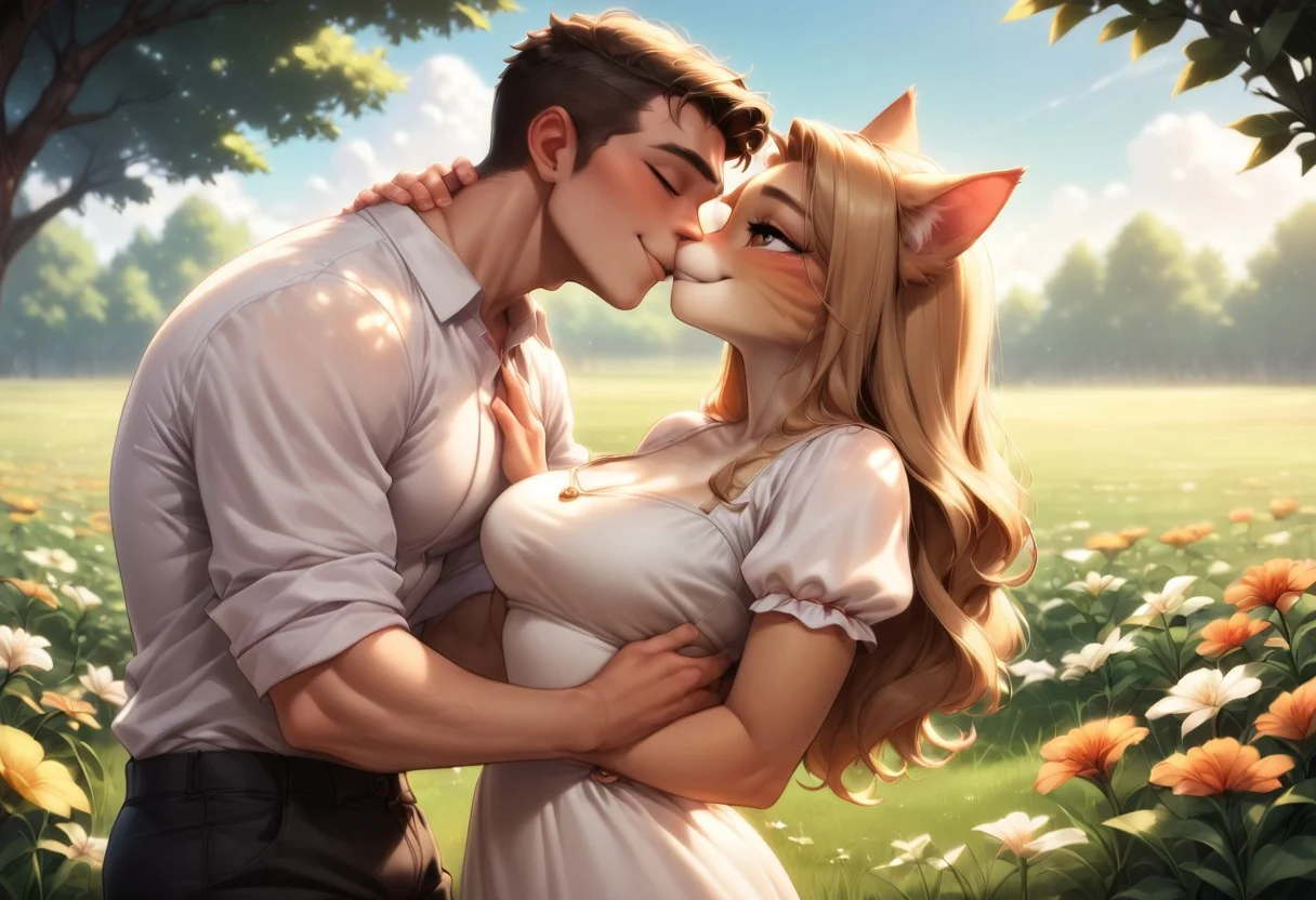 score_9, score_8_up, score_7_up, e621, sexy anthro cat kissing human male, (anthro cat has a pretty face, cute, horny, summer dress, smiling, long hair, medium breasts, clothed female, white short summer dress, short summer dress), male human, (1boy, human male, shy, black pants, white shirt), kissing, standing, meadow, sun, grass, flowers, perfect eyes, furry girl, furry, anthro, side view, identical height, beautiful face, 1girl, 1boy
