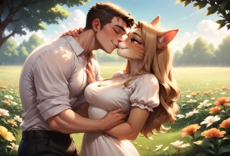 score_9, score_8_up, score_7_up, e621, sexy anthro cat kissing human male, (anthro cat has a pretty face, cute, horny, summer dress, smiling, long hair, medium breasts, clothed female, white short summer dress, short summer dress), male human, (1boy, human male, shy, black pants, white shirt), kissing, standing, meadow, sun, grass, flowers, perfect eyes, furry girl, furry, anthro, side view, identical height, beautiful face, 1girl, 1boy