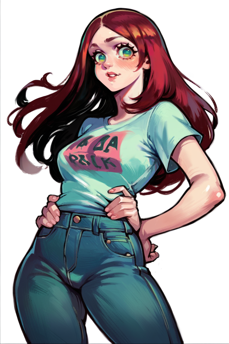 <lora:Firezarts:1>, score_9, score_8_up, score_7_up, score_6_up, score_5_up, rating_questionable, source cartoon
1girl, pretty face, pretty eyes, detailed eyes, HD eyes, thick thighs
hands on hips, standing, cowboy shot
looking at viewer, blush, eyebrows, long hair, red hair, green eyes jeans, green t-shirt, boots, high waisted jeans
simple background, white background