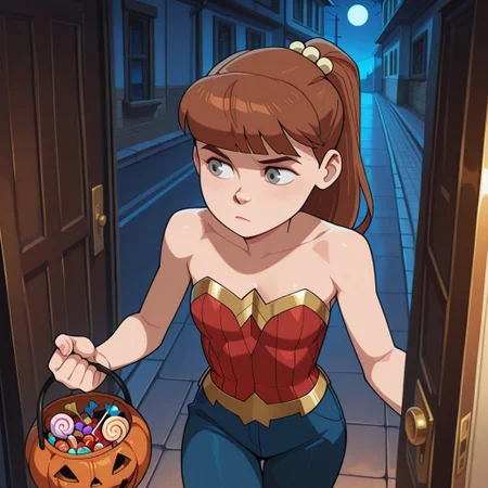 aijalon, masterpiece, high quality, volumetric lighting, dynamic pose, dynamic angle, detailed background, Anime screencap,
((1girl, solo, m_g, 1girl, brown ponytail hair, bangs, hairpin, small body, skinny body, grey eyes, wonder woman costume, long hair)), detailed face, 1girl, solo, alone, outside, night, open door, at the door, holding basket with candy, trick or treating, halloween,