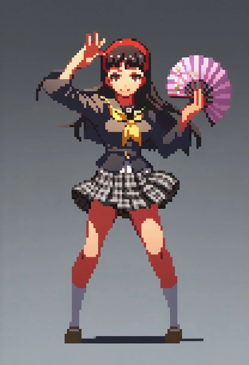 score_9, score_8_up,  detailed,    absurdres, extreme_quality,   anime style,       slight side angle,  medium breasts,  rpg,  , shadow, plain background, light grey background,   face focus, looking at viewer,  slight smile,  p4yukiko, amagi yukiko, long hair, black hair, bangs, hairband,  , long hair,  holding pink fan, fan, cherry blossoms, wind, cherry blossoms blowing in the wind, dynamic pose, waving fan, p4yukiko-sumuni, yasogami school uniform, school uniform, cardigan, red cardigan, open cardigan, skirt, pleated skirt, houndstooth,