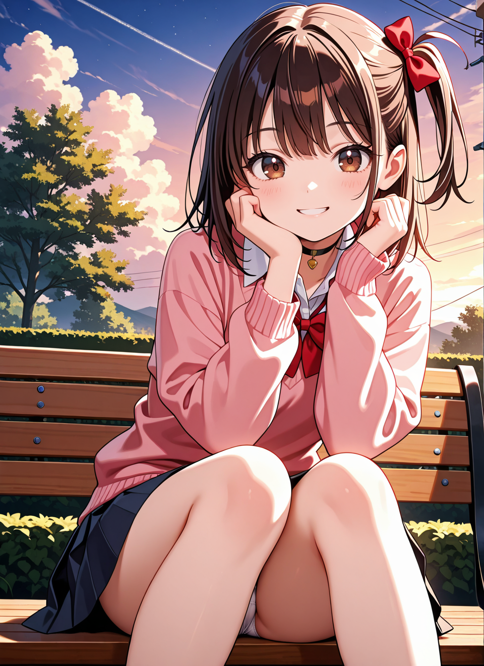1girl, brown eyes, pink sweater, collared shirt, pleated skirt, choker, red bow, outdoors, sitting, bench, sky, cloud sky, smile, hand on own cheek, looking at viewer, white panties,, <BREAK> , masterpiece, best quality, absurdres, highres, very aesthetic, high quality, detailed, insanely detailed, beautiful, very awa, anime screencap
