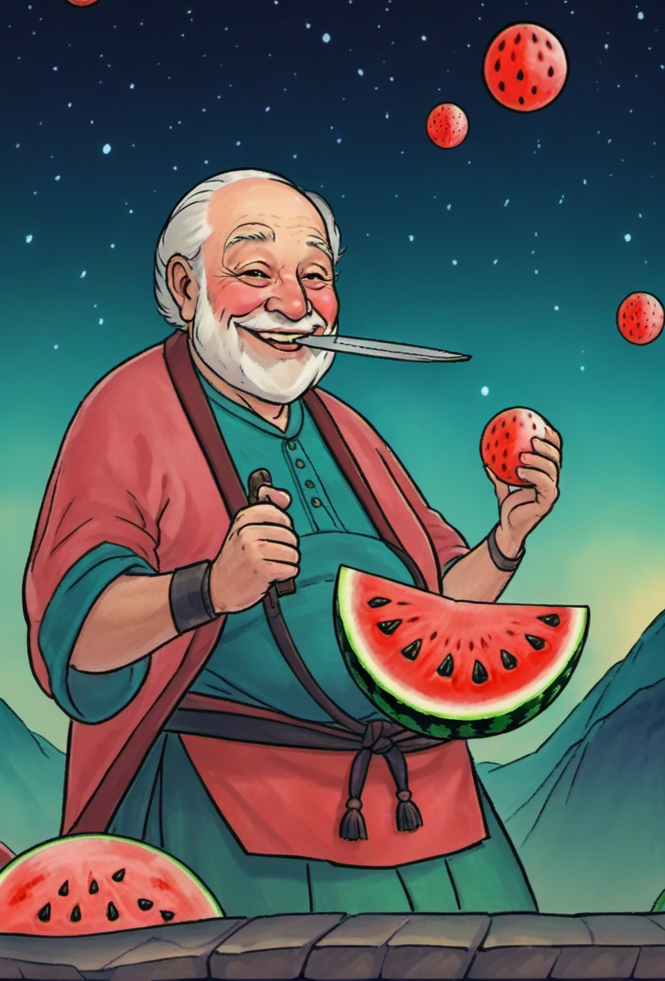 Slightly fat old man with knife, smiling and eating watermelon, celestial palace background, gradient color,<lora:XYå å¤§:0.8>