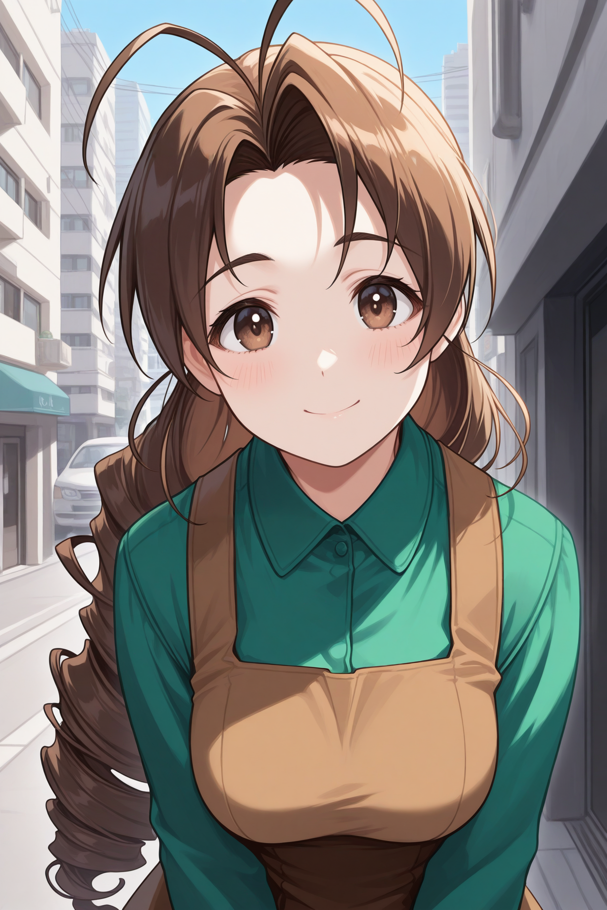 masterpiece, best quality, 1girl, solo, <lora:otohimemutsumi-illu-nvwls-v1:1> otmsm, brown hair, very long hair, drill hair, antenna hair, brown eyes, pinafore dress, brown dress, green shirt, long sleeves, upper body, looking at viewer, smile, city street, apartment, blue sky