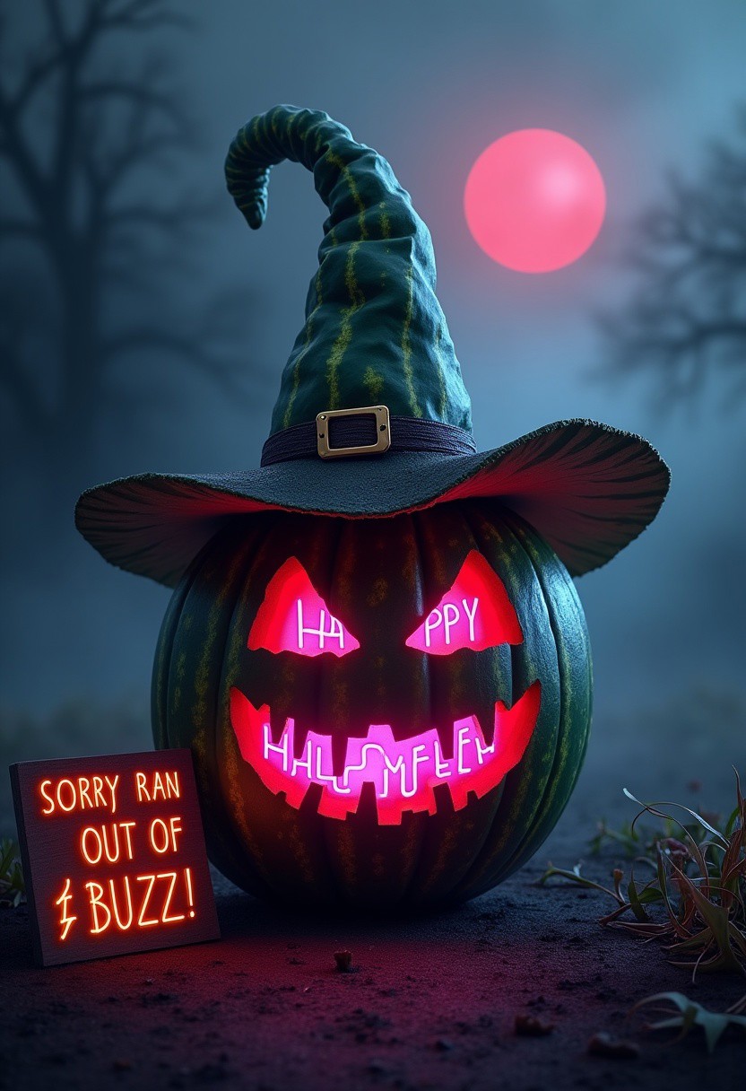 A watermelon jack-o-lantern, wearing an intricately designed witch hat, with the words "Happy Halloween!" vividly carved into it in purple neon text. A sign next to the watermelon reads "Sorry, ran out of buzz!". Halloween theme, spooky background. 4k masterpiece, detailed background, mist, bright red moon in the sky.