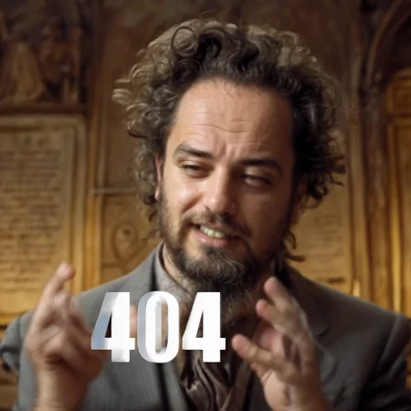 greek conspiracy theorist with wild chaotic hair and a drowsy face wearing a grey suit sitting in an old museum explaining a 404 error with his hands, white teeth, squint eyes, red skin, blush