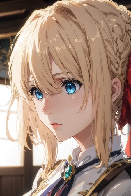 violet_evergarden, highres, highest quallity, illustration, cinematic light, ultra detailed, detailed face, (detailed eyes), best quality, hyper detailed, masterpiece, (detailed face),1girl, blonde hair, blue eyes, highest details, luminous eyes, medium breasts,backlighting, light rays, (high contrast), (colorful), ribbon, jewellery, jacket, dress, gem, hair_ribbon
 <lora:violetEvergarden_v10:0.7>