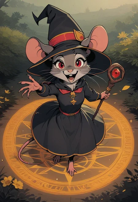 score_9, score_8_up, score_8, (solo), (solo:2), (fluffy:0.8), (feral), furry, (((mouse))), female, vivid red eyes, grey fur, black ears, claws, (fluffy cheeks:0.4), (black dress, witch hat), cute, in the style of beatrix potter, flat color, backlit, (high angle view:2), outdoors, (magic circle), look at viewer, cruel expression, (open mouth, talking), dynamic pose, (hold magical staff),