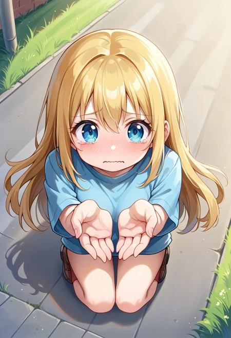 score_9, 1girl, from above, tearing up, cute, wavy mouth, cupping hands, own hands together, outstretched arms , street, grass,