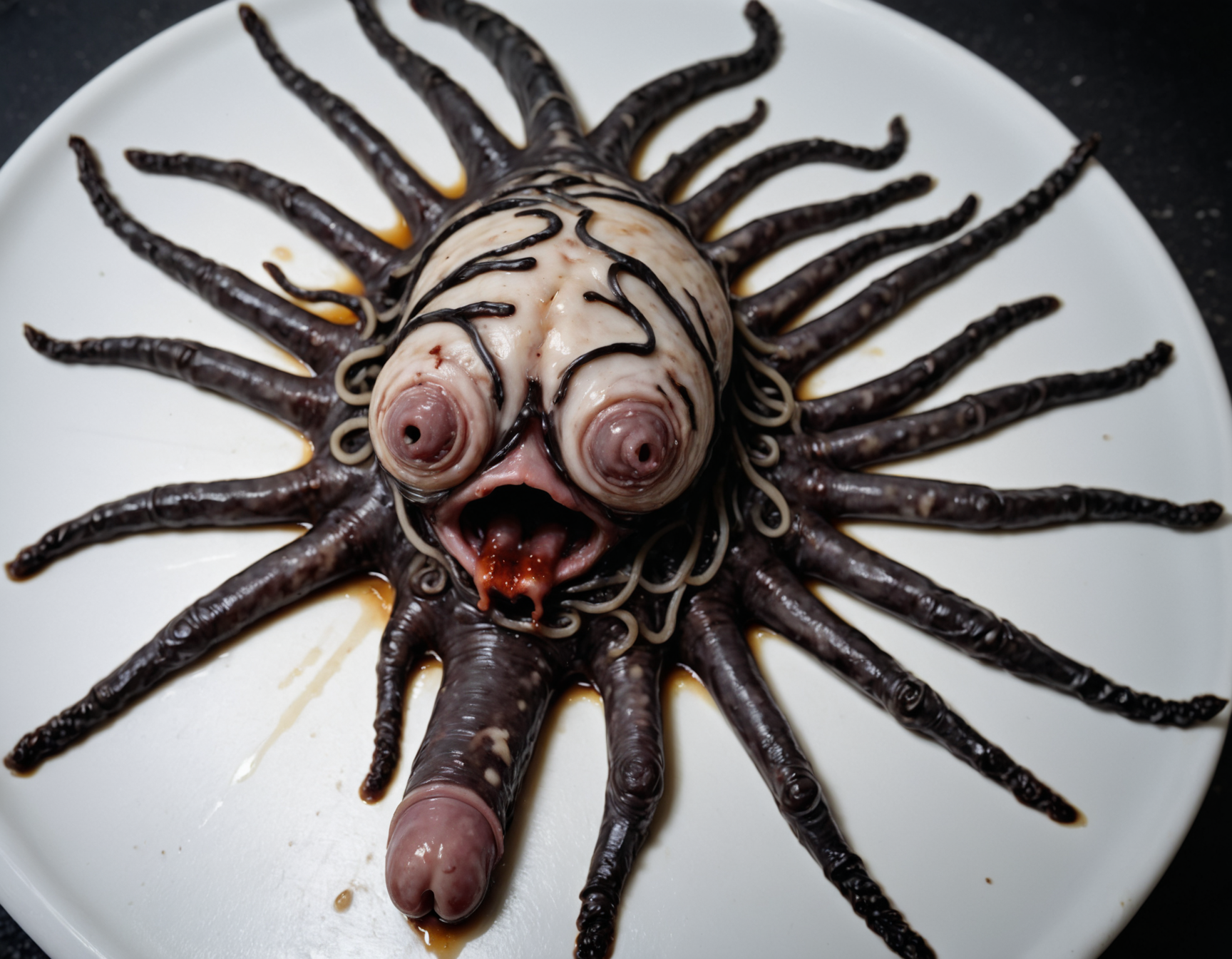 rotting infection of sickly, <lora:Cockstarz:0.9> spiral blunt tip Cockstarz made of black feathered noodles abandoned on the side of a road. gelatinous jaundiced goo lightly swirled with blood, asymmetrical discoloration, liver spots, scabbing, flesh flaking, lesions, Pus, mild tearing, worn, grime, grit
