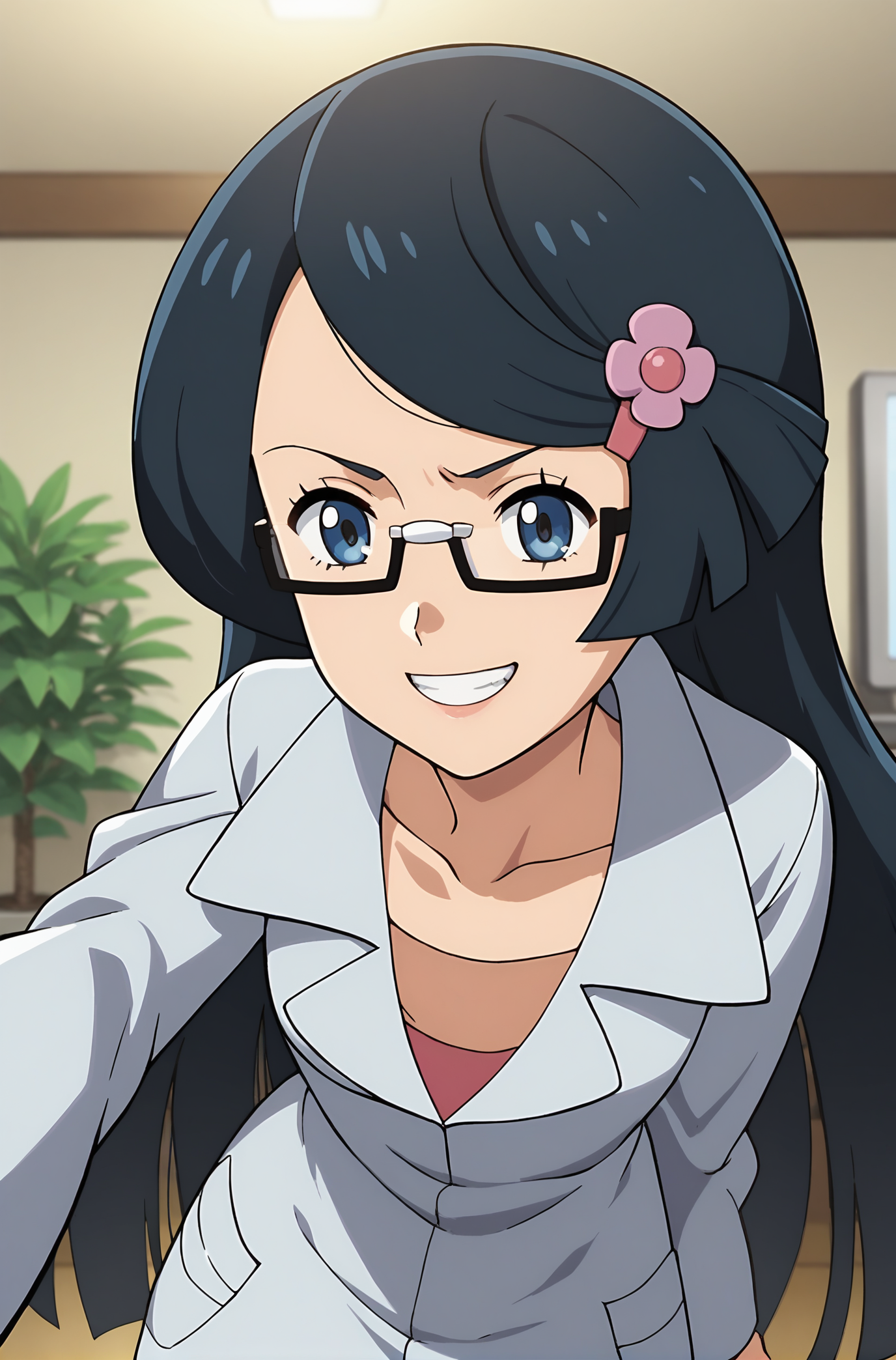 score_9, score_8_up, score_7_up, score_6_up, source anime, anime, animification, anime screencap, anime coloring, vivid colors, shiny skin, skindentation, deep skin, depth of field, high quality, highres, (dynamic angle,dynamic pose),
fennel \(pokemon\), 1girl, long hair, smirk, teeth, clenched teeth, shirt, black hair, hair ornament, collarbone, blue eyes, upper body, flower, :d, glasses, hairclip, indoors, munna, pokemon \(creature\), plant, semi-rimless eyewear, labcoat, potted plant, monitor
BREAK
masterpiece,high quality
<lora:Fennel_PokemonPony:0.9>