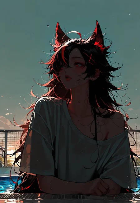 1girl,   black hair, streaked hair, very long hair, pointy hair,  parted bangs,       
BREAK  1girl,  upper body shot, from below, looking to the side, elbows on table, upper body,    half closed eyes,     
BREAK                   loose clothes, single bare shoulder, pool, sunny sky,       
BREAK general, masterpiece, best quality, absurdres, highres, newest, <lora:VICE_v2.0:0.9>