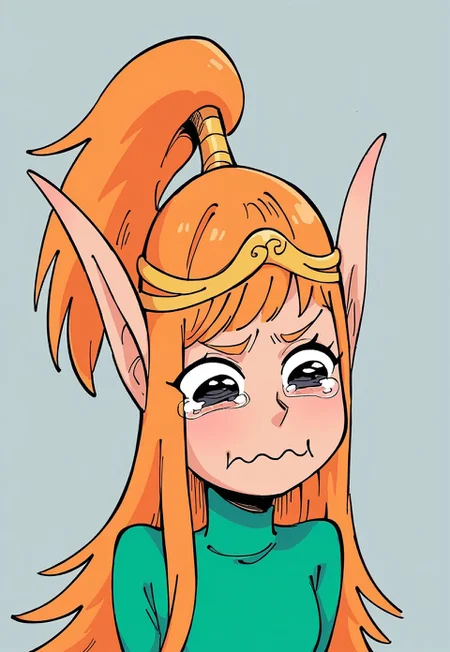 score_9, score_8_up, score_7_up,
1girl, elf purist, elf, long pointy ears, orange hair, long hair, half updo, high ponytail, black eyes,
circlet,
standing,
green dress, long sleeves, turtleneck, upper body, arms behind back, aquacrying, wavy mouth, closed mouth, tearing up, solo, forrest