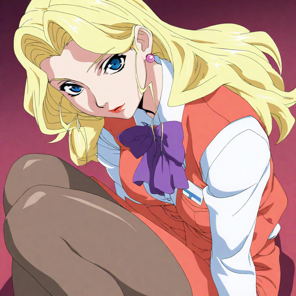 masterpiece,high score,great score,absurdres,solo,anime coloring,looking at viewer,<lora:AliceNonoyama hassakuill30:1> alicenonoyama, blonde hair, long hair, blue eyes, lipstick, earrings,vest,shirt,bow,skirt,pantyhose,