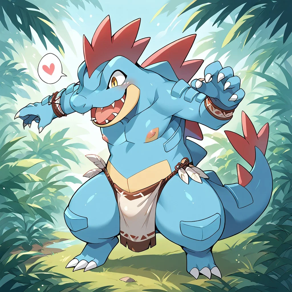 score_9, score_8_up, score_7_up, source_anime, source_furry,rating_explicit,in jungle,BREAK ,
heart speech bubble,solo,feraligatr pokemon (creature),((feral,short legs)),Small Body,female,
clothing, tribal clothes,tribal bra, loincloth,tribal face paint, tribal markings,
open mouth,smile,love,hold my hands,hand_holding,