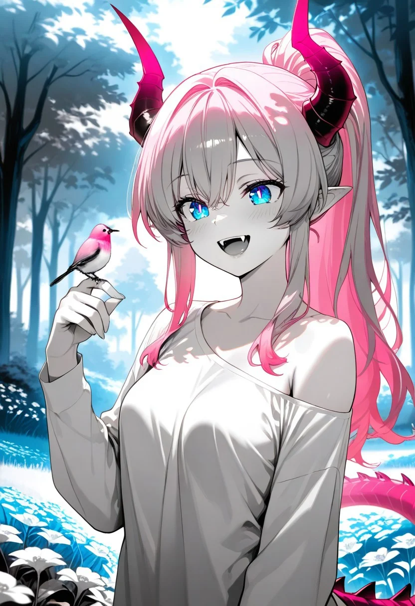(monochrome, greyscale, spot color), masterpiece, best quality, newest, absurdres, highres, vibrant, highly detailed, very aesthetic, (upper body:1.4), blue and pink hummingbird on hand, cute, beautiful, Lynn Pink, blue eyes, pink hair, ponytail, tail, horns, pointy ears, fangs, (((adult))), small breasts, simple shirt, long sleeves, off shoulder, no bra, one hand up, holding bird on finger, half-lid eyes, happy, (:D:1.5), outdoors, flowery garden, trees, canopy, grass, flowers, (dappled sunlight:1.4)