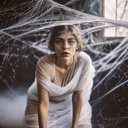 spiderweb a girl full body wrapped in a spider's web, cinematic, professional photo <lora:spiderweb:1>