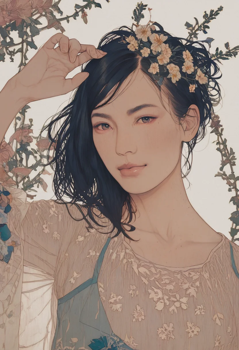 source_cartoon, score_9, score_8_up, score_7_up, 1girl, solo, looking_at_viewer, perfect eyes, embedding:zPDXL2 , Standing, pretending to smell a big flower, sideways, portrait, rating_sensitive, <lora:sdxl\pony diffusion\artist_styles\yasunari_ikenaga_pony:1.0>