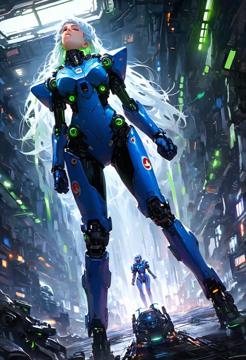 score_9, score_8_up, score_7_up, 1girl, standing, silver hair, long hair, bodysuit, blue bodysuit, black boots, latex, sci-fi, futuristic, female pilot, large robot, mecha, glowing lights, green lights, blue lights, indoors, industrial setting, detailed, full body, looking up, hand touching, anime, dynamic angle, hero pose, perspective, dramatic, high contrast, realistic, mechanical, advanced technology, armor, pilot suit, exhibition, convention, posing with robot, high-tech, cosplay.