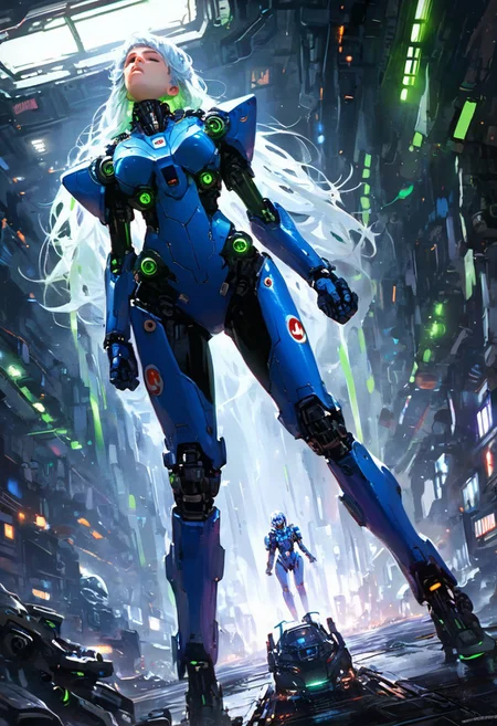 score_9, score_8_up, score_7_up, 1girl, standing, silver hair, long hair, bodysuit, blue bodysuit, black boots, latex, sci-fi, futuristic, female pilot, large robot, mecha, glowing lights, green lights, blue lights, indoors, industrial setting, detailed, full body, looking up, hand touching, anime, dynamic angle, hero pose, perspective, dramatic, high contrast, realistic, mechanical, advanced technology, armor, pilot suit, exhibition, convention, posing with robot, high-tech, cosplay.