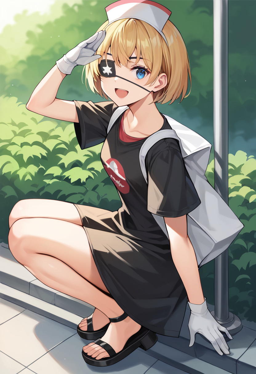 score_9,score_8_up,score_7_up,source_anime,masterpiece,best quality,dynamic_angle,from_side,1girl,solo,little_girl,blue eyes,blonde hair,brown hair,short hair,eyepatch,nurse cap,dress,black dress,short sleeves,white gloves,bag,looking_at_viewer,cowboy_shot,thighs,sandals,<lora:yakko:1>,smile,open mouth,legs_together,squatting,park,salute,
