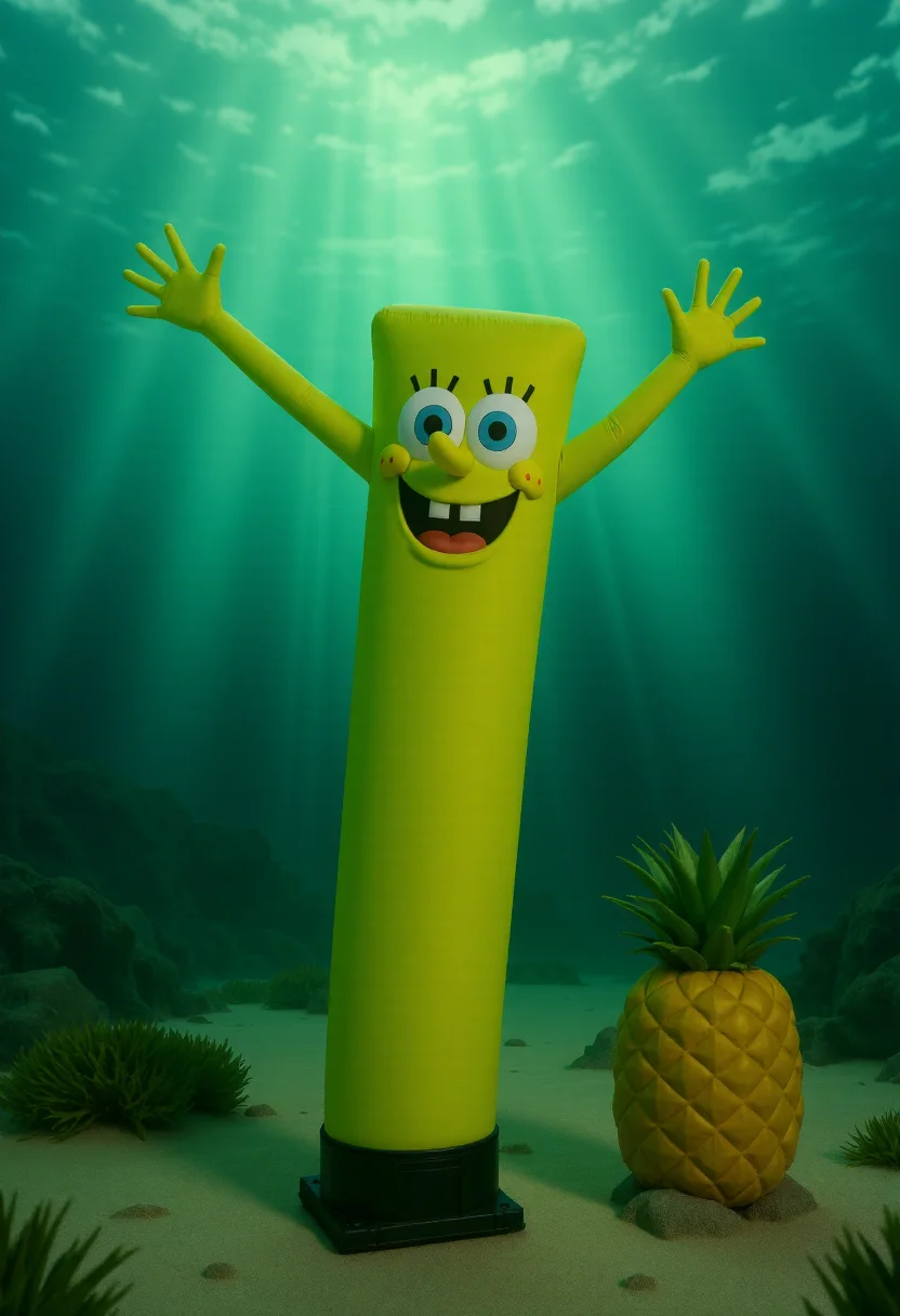 <lora:Wacky_Waving_Inflatable_Arm_Flux_Man-000009:0.9>
The image is a photograph of a very tall, inflatable Spongebob Squarepants with wavy raised arms in an underwater setting near a pineapple.