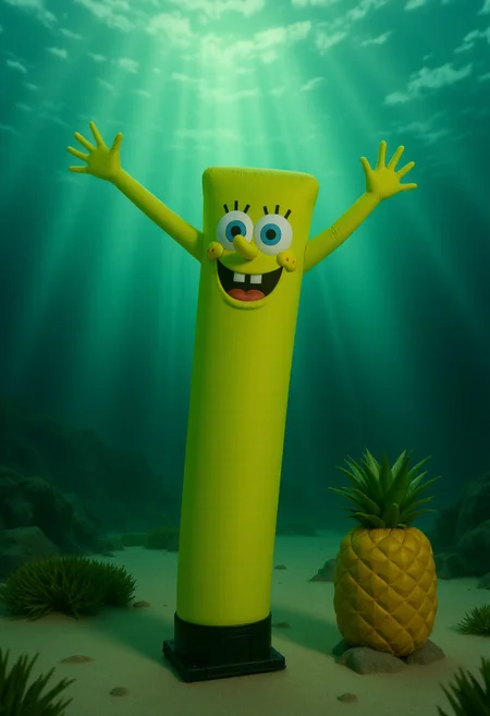<lora:Wacky_Waving_Inflatable_Arm_Flux_Man-000009:0.9>
The image is a photograph of a very tall, inflatable Spongebob Squarepants with wavy raised arms in an underwater setting near a pineapple.