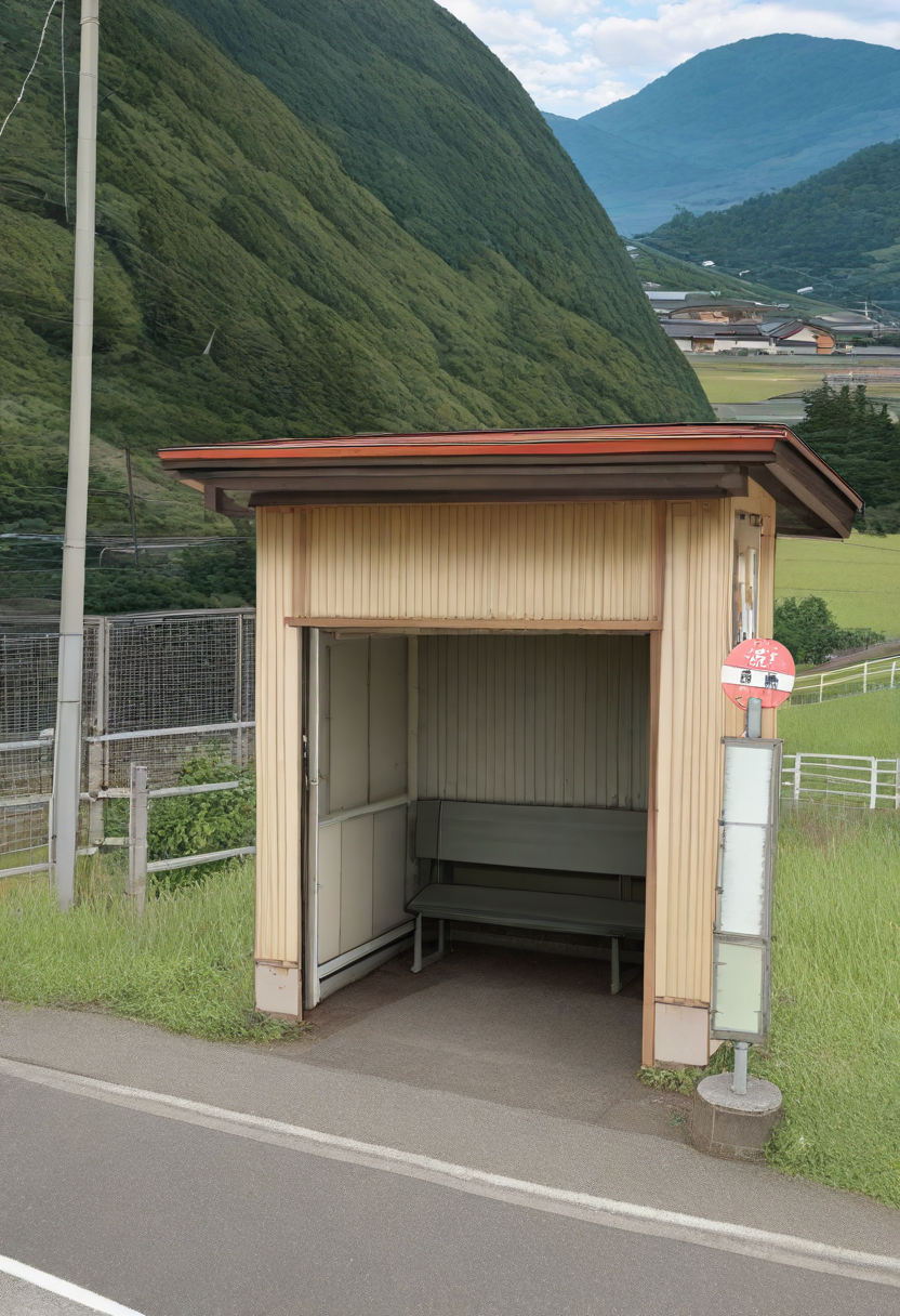 basutei, bus stop, no humans, scenery, grass, outdoors, rural, tree, sky, sign, utility pole, mountain, power lines, day, real world location, building, road, house, cloud, landscape, poster (object), mountainous horizon, fence, hill, photo background, bush, japan, field, nature
masterpiece, best quality, amazing quality, very aesthetic, absurdres, newest,
 <lora:sc_bustei_illustrious_V1L:1>
