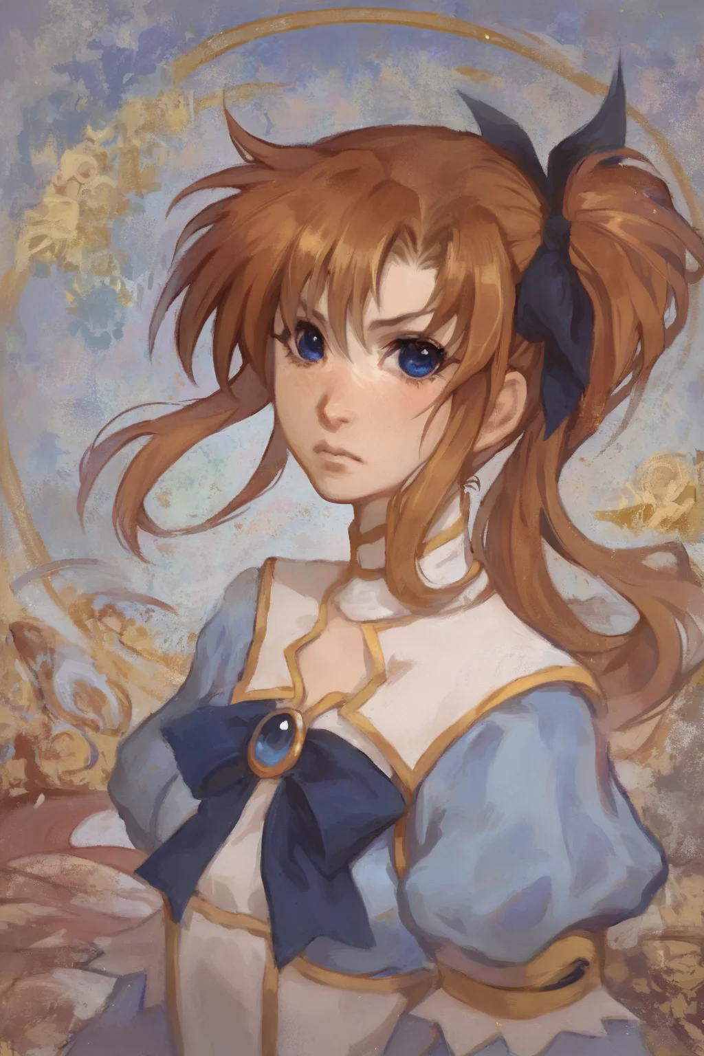 score_9, score_8_up, score_7_up, rating_explicit,rating_general,rating_safe,rating_mature,rating_questionable, lyrical nanoha, mahou senki lyrical nanoha force, takamachi nanoha, blue eyes, breasts, brown hair, hair ribbon, long hair, magical girl, ponytail, ribbon, side ponytail, solo, solo focus, portrait, detailed background, Posing with arms folded across the chest, looking serious., <lora:nat_the_lich_canvas:1>